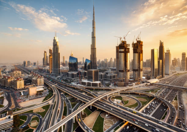 Aerial view of Dubai's cityscape showcasing intricate road networks and skyscrapers near Park Beach Residence.