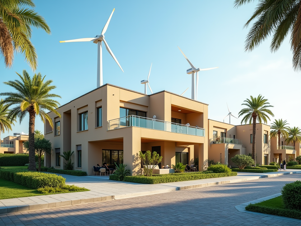 A modern residential area with palm trees and wind turbines, featuring stylish homes and a sunny atmosphere.