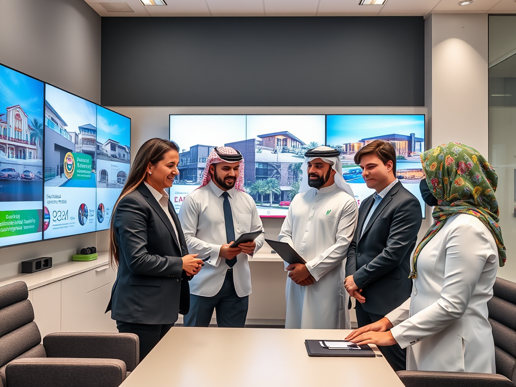 A group of professionals, engaged in discussion, stands in a modern conference room with large screens displaying images.