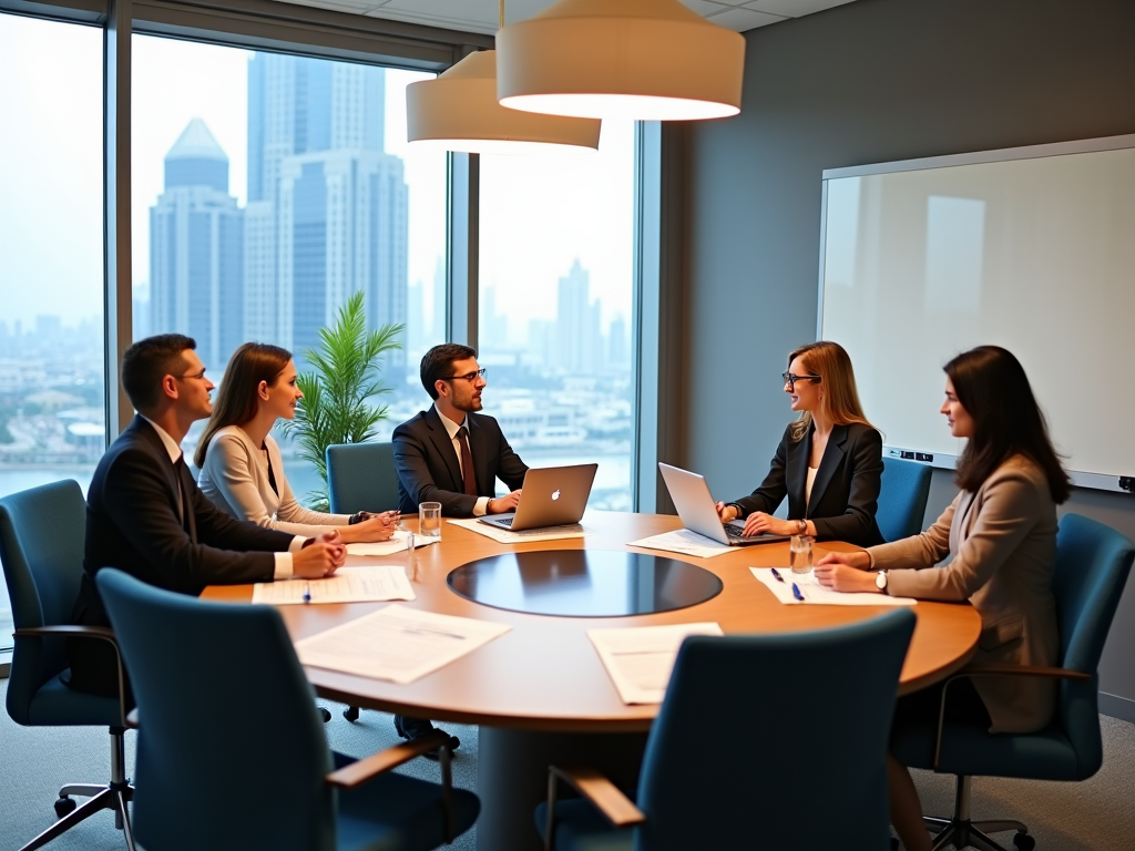 Five professionals in a meeting with laptops in a modern office overlooking a city skyline.