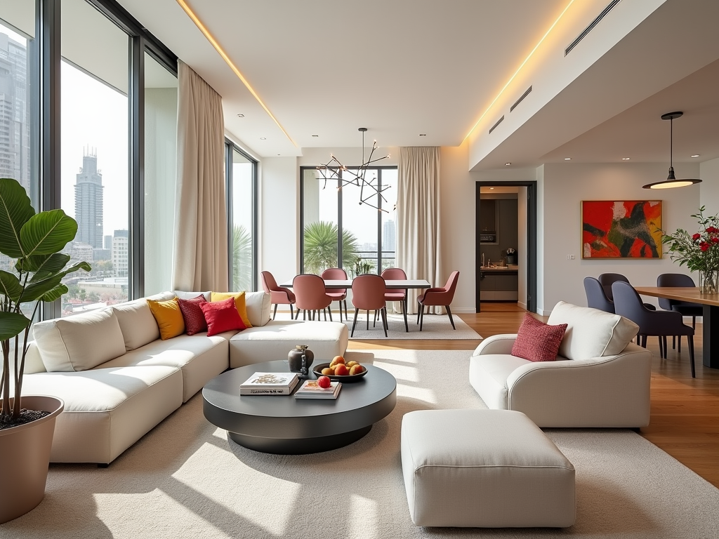 Modern living room with city view, featuring a curved sofa, colorful pillows, and sleek dining area.