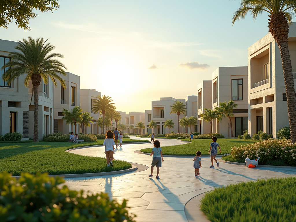 A sunny residential area with palm trees, families walking, and children playing on winding paths and greenery.