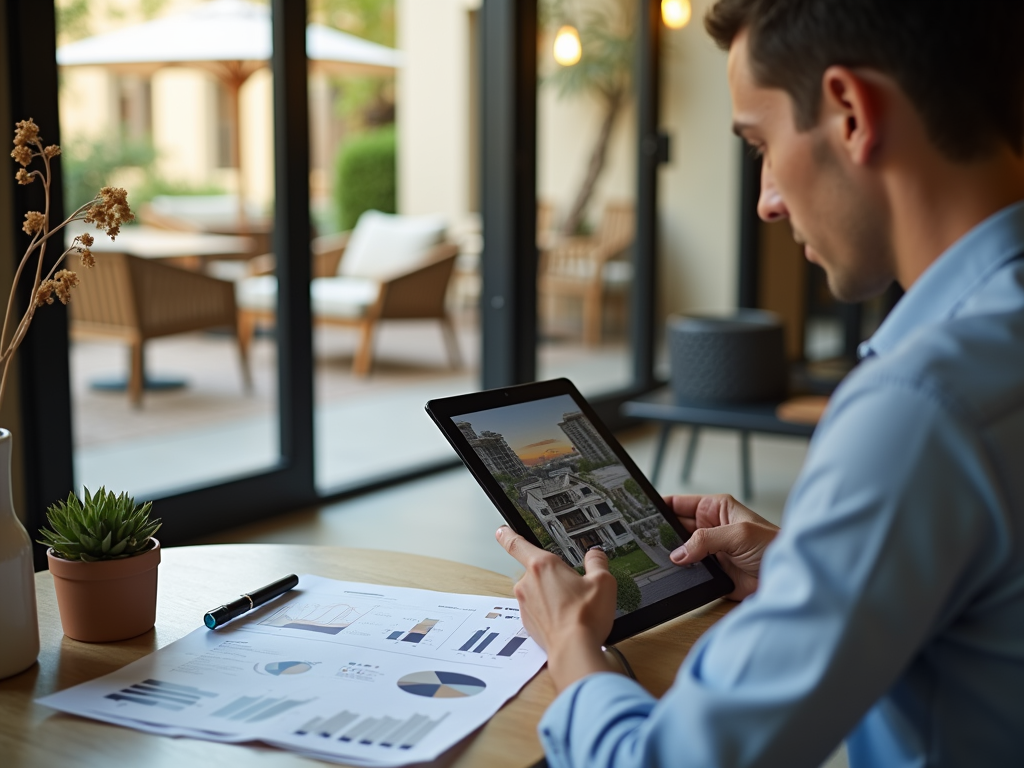 A man reviews data and an image on a tablet, surrounded by charts and a cozy outdoor setting.