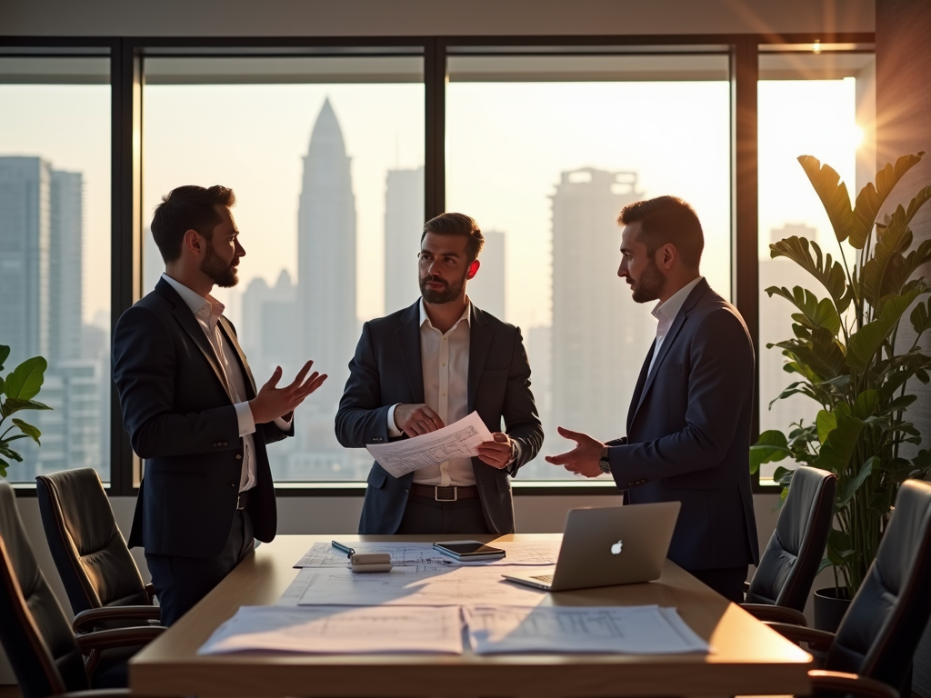 Three men in suits discuss blueprints in a modern office with a city skyline at sunset.