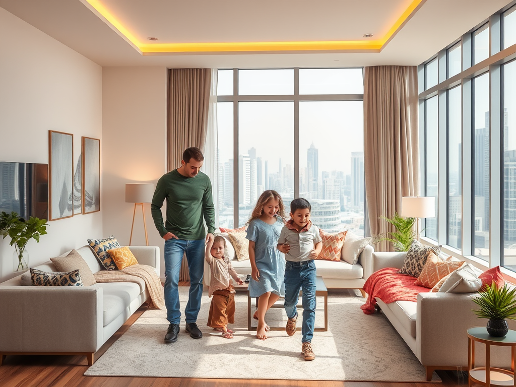 A family of four walks together in a bright, modern living room with city views and cozy decor.