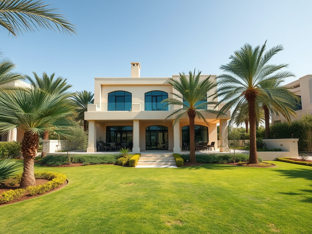 A modern villa surrounded by palm trees and a lush green lawn under a clear blue sky.