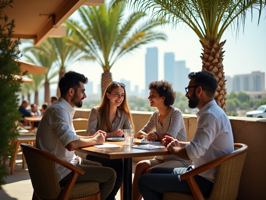 Four friends conversing joyfully at an outdoor cafe with city skyline in the background.