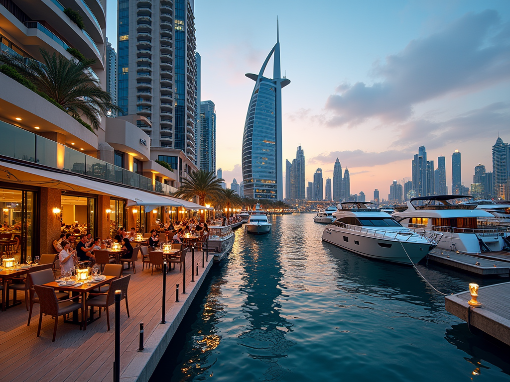 A picturesque marina in Dubai at sunset, featuring restaurants, yachts, and the Burj Al Arab in the background.