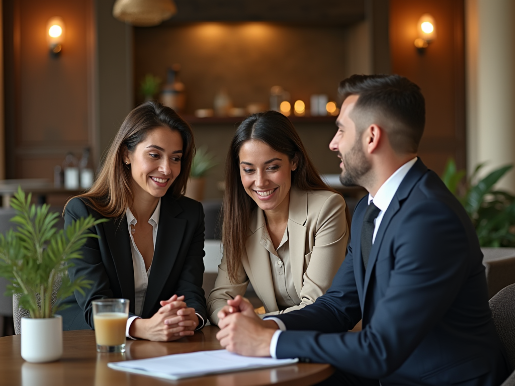 Two women and a man in suits having a discussion in a cozy cafe setting.