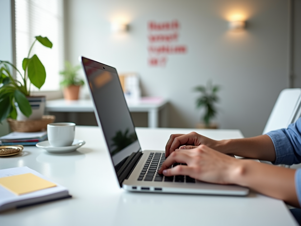 Person typing on a laptop in a well-lit room with plants and a coffee mug on the desk.