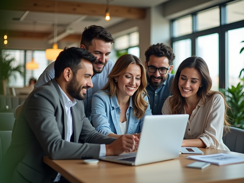 Five professionals smiling and looking at a laptop in a modern office.