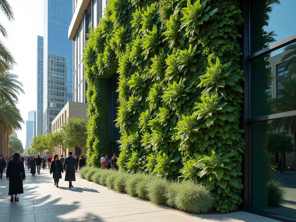 A busy city street lined with modern buildings and a vibrant green wall of plants, with pedestrians walking by.