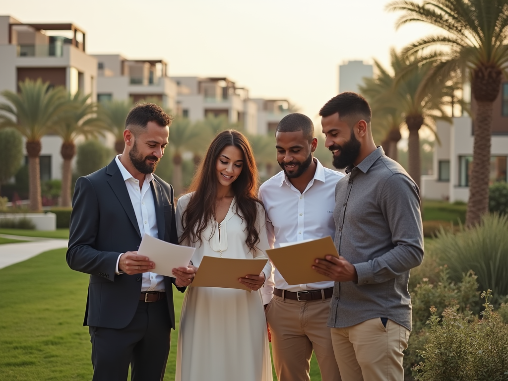 Four people stand outdoors, reviewing documents together, surrounded by palm trees and modern buildings in the background.