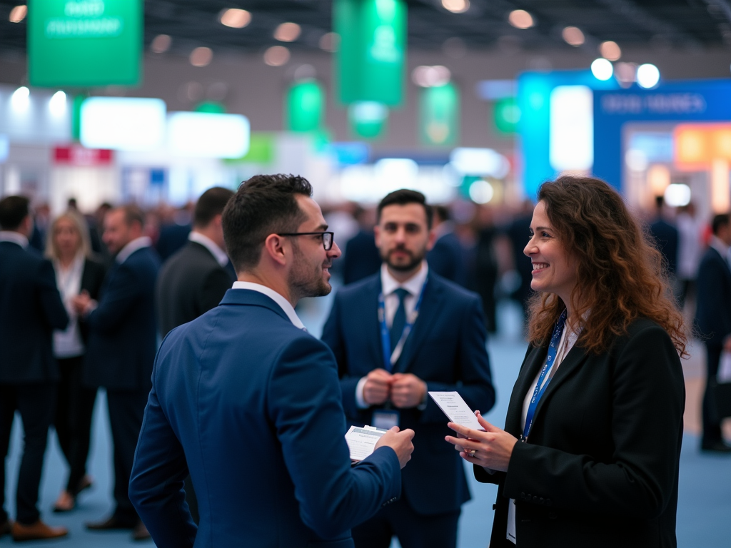 Two people smiling and conversing at a busy business conference event.