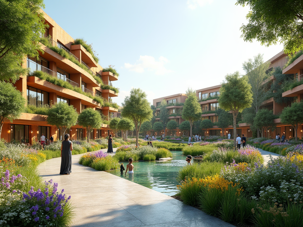 Lush garden and ponds in front of modern terraced apartments with people enjoying the outdoors.