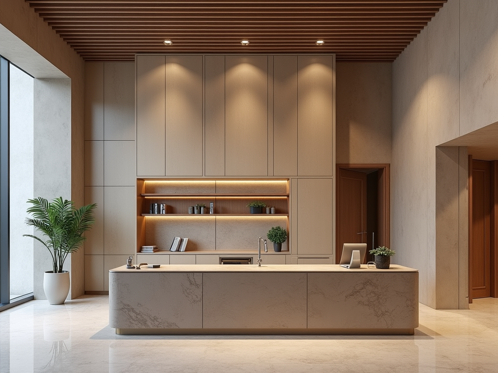 A modern reception area featuring a sleek desk, shelves with decor, and plants near large windows.