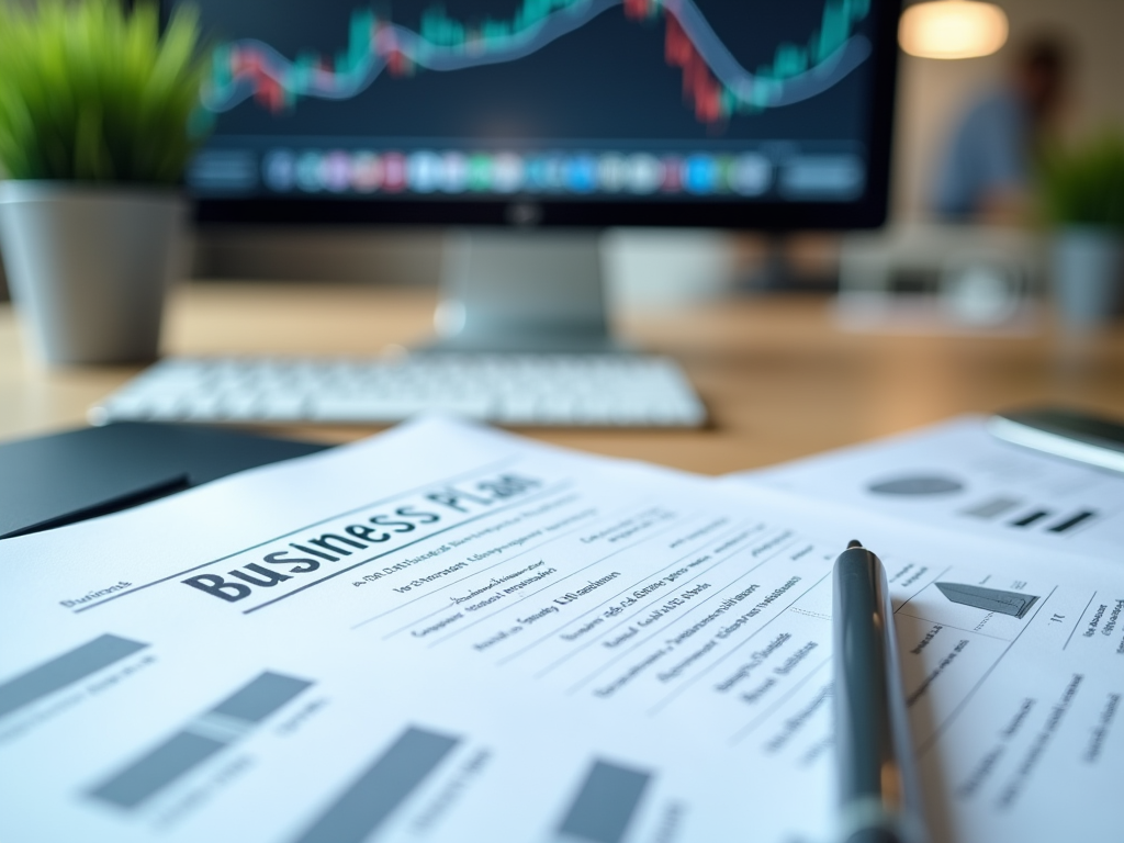 Business documents with charts on desk, blurred computer screen with graphs in background.