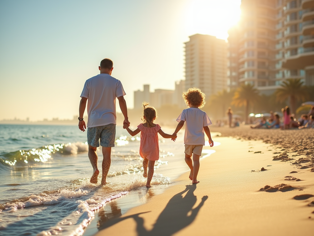 Family with two kids walking hand in hand on the beach at sunset, city skyline in the background.