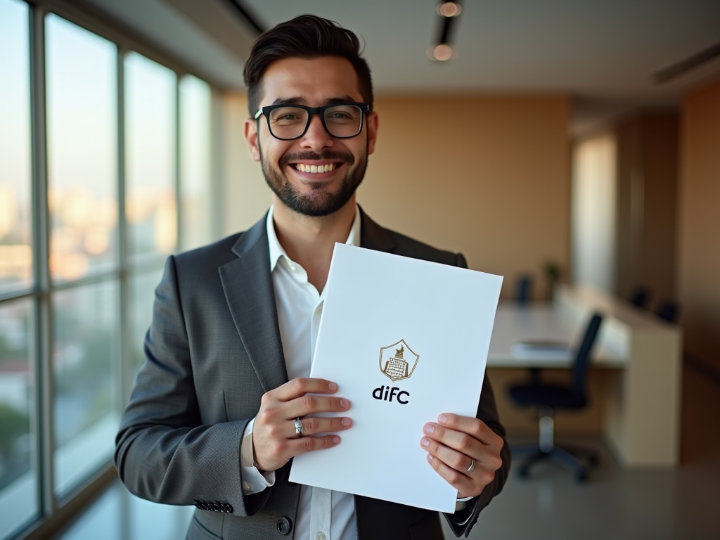 Smiling businessman in an office holding a document with "DIFC" logo.