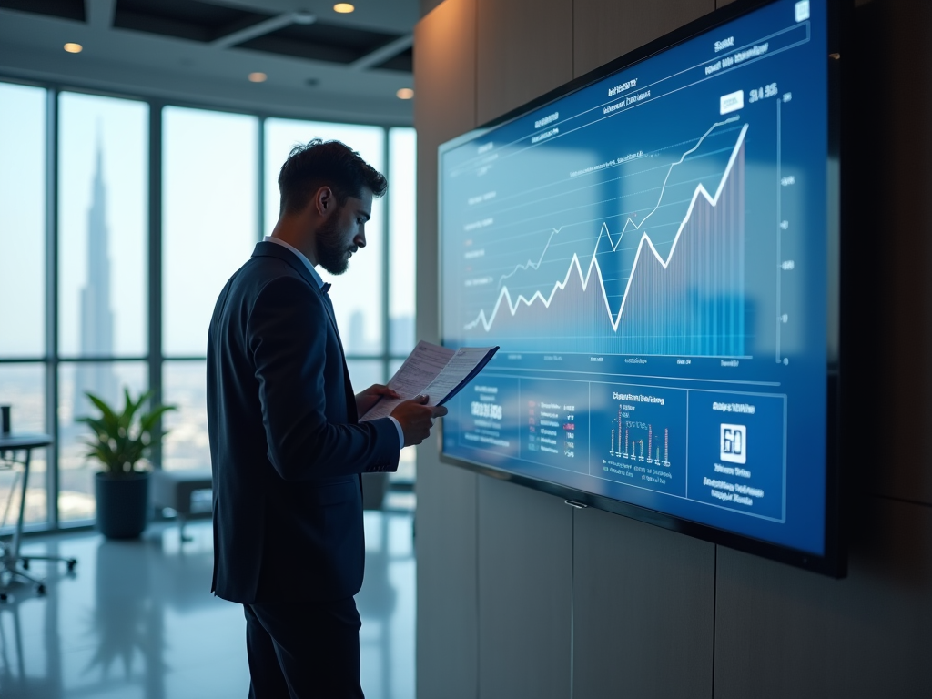 Businessman analyzing financial data on a digital screen in a modern office with city view.