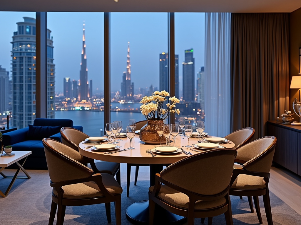 Elegant dining room with table set for six, overlooking a city skyline through floor-to-ceiling windows at dusk.