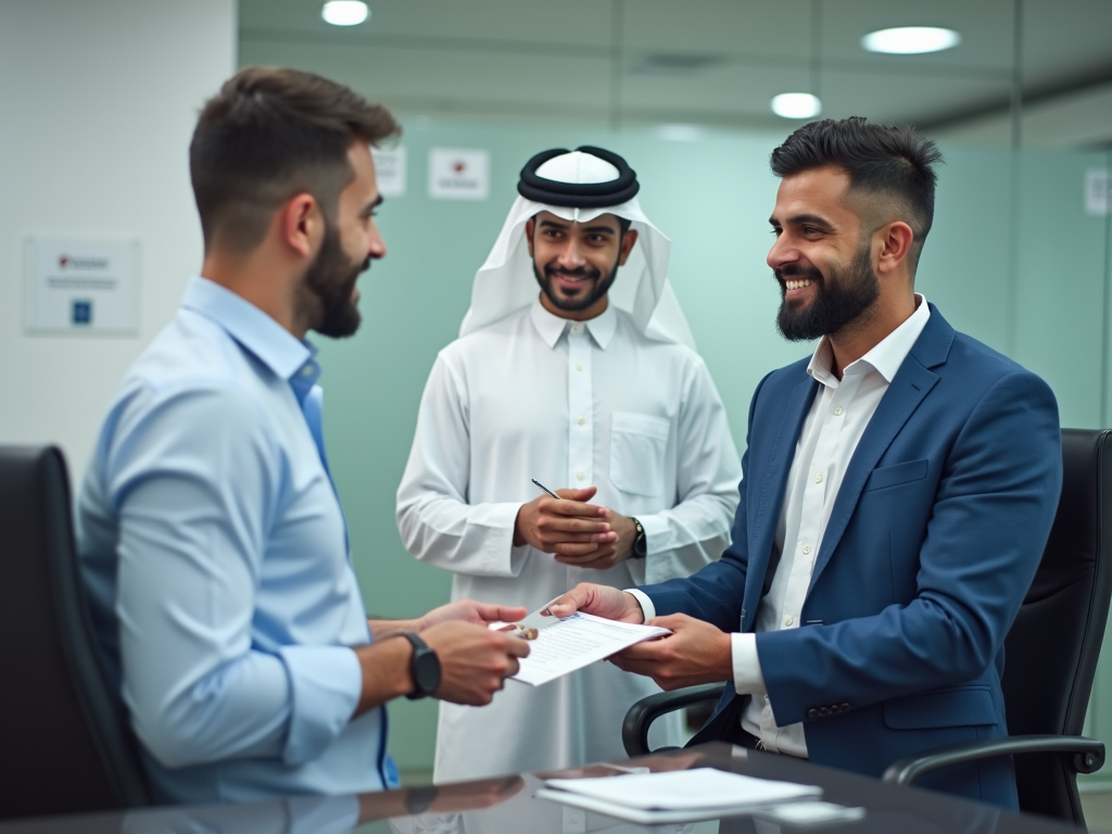 Three men in a business meeting, one in traditional attire, exchanging documents and smiling.