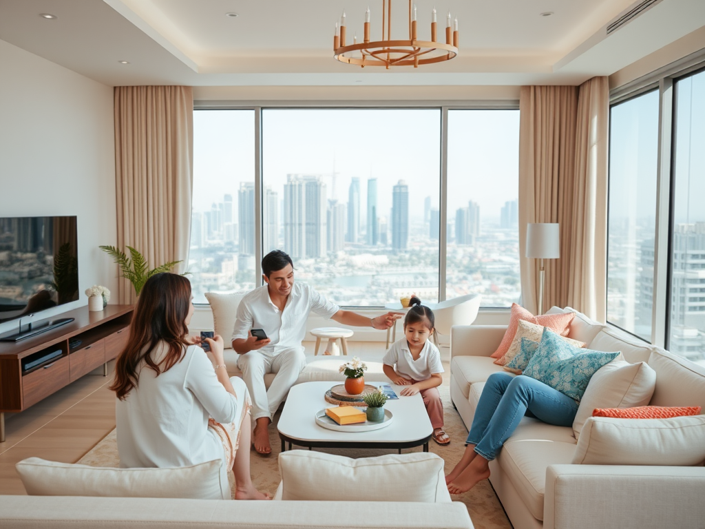 A family enjoys time together in a modern living room with city views, sharing smiles and laughter.