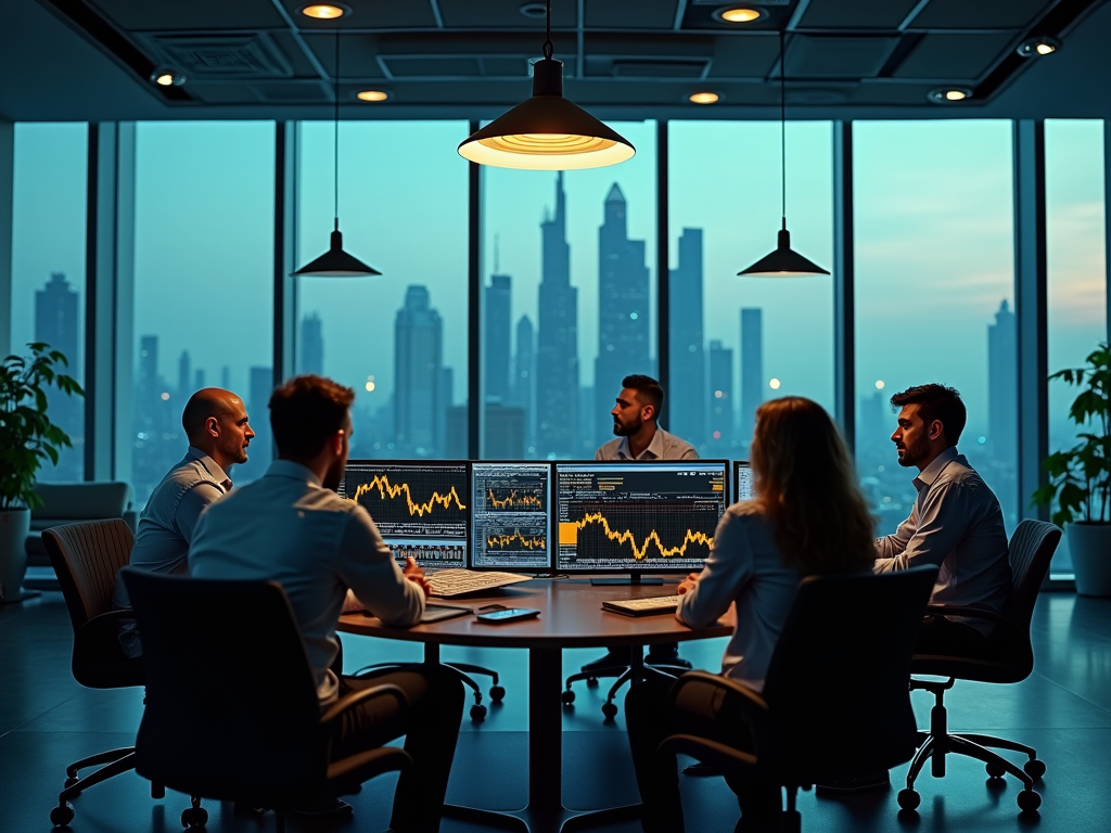 Four professionals discussing data in a modern office with city skyline views at dusk.