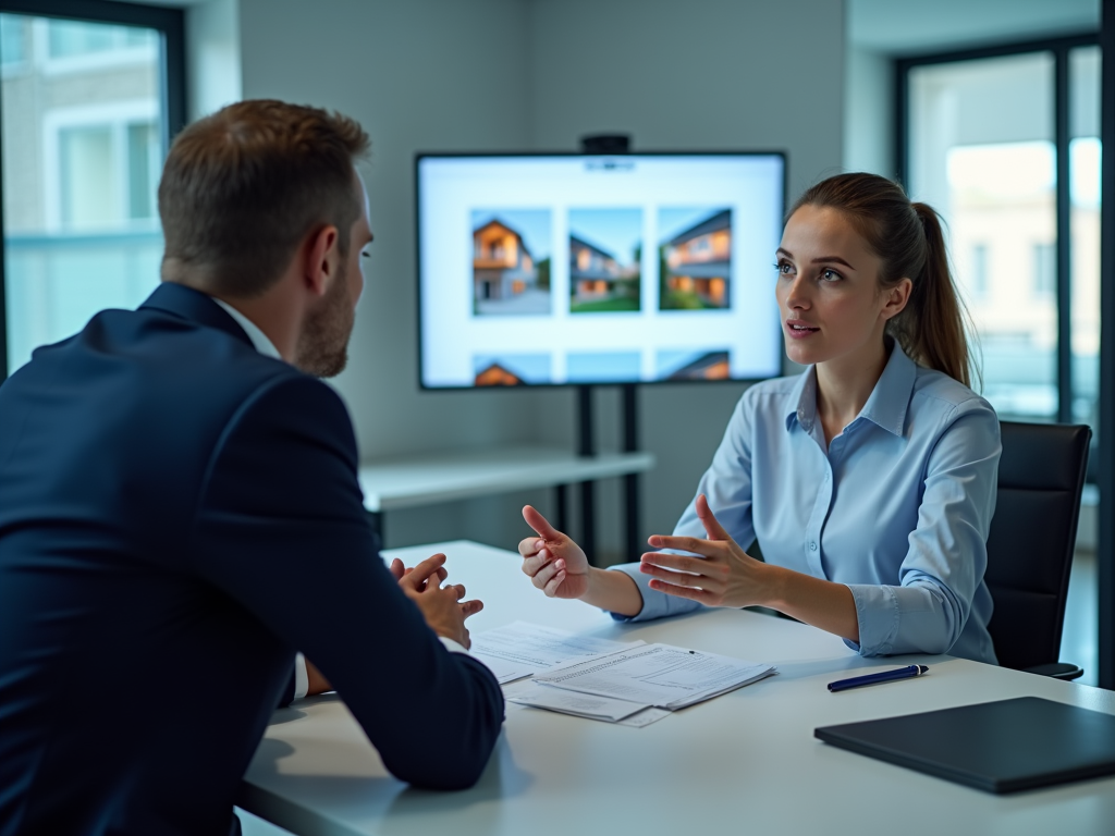 Two professionals discussing real estate with house photos on screen in modern office.