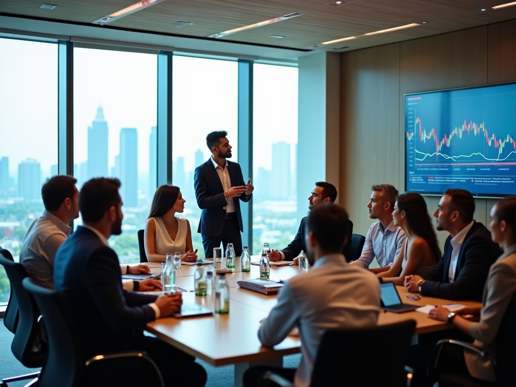 Man presenting to colleagues in a modern office with skyline view and financial chart display.