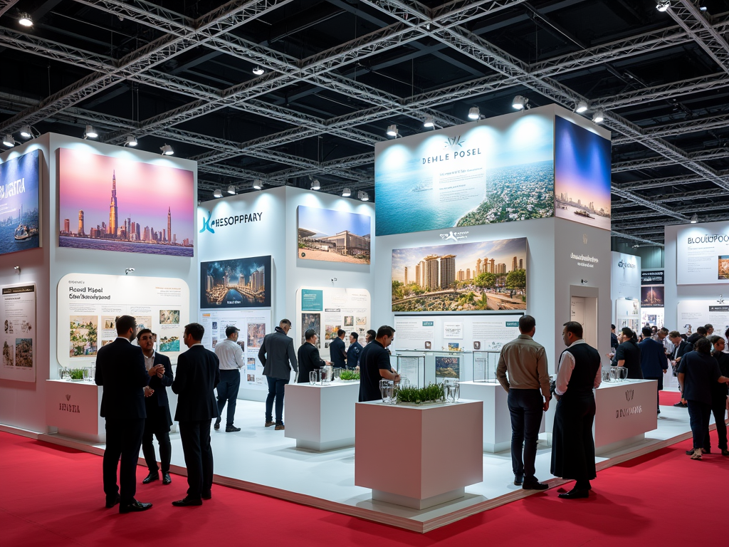 A busy exhibition showcasing various real estate projects with engaging displays and a red carpet floor.