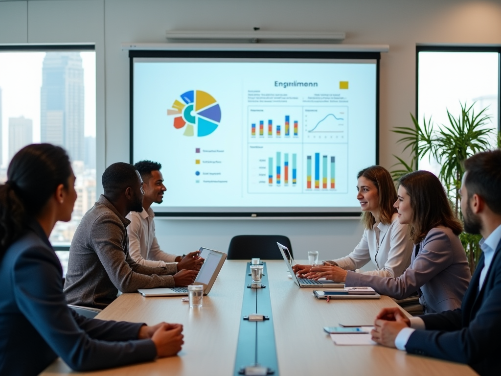 Team meeting with diverse professionals discussing analytics on a presentation screen in a bright office.