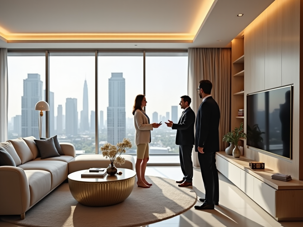 Three people in a conversation inside a luxurious apartment with city skyline view.