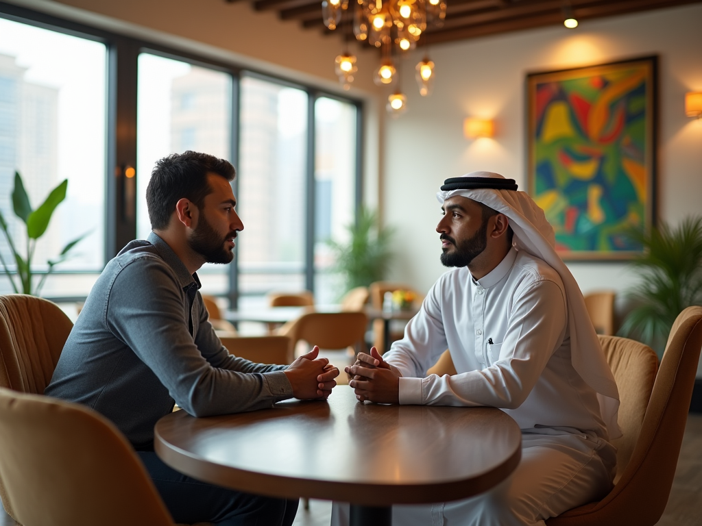 Two men, one in traditional Emirati attire, having a conversation at a table in an elegant cafe.