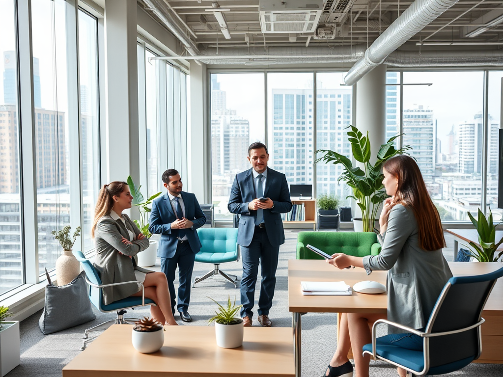 A professional group meeting in a modern office with large windows and greenery, discussing plans.