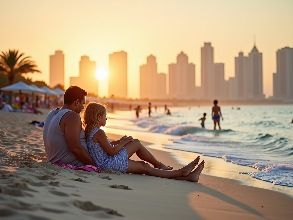 A man and a child sitting on a sandy beach at sunset, with a city skyline in the background.