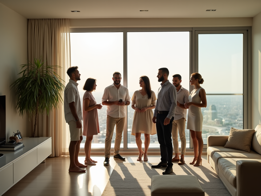 A group of people stand in a bright room with large windows, engaging in conversation and enjoying the view.