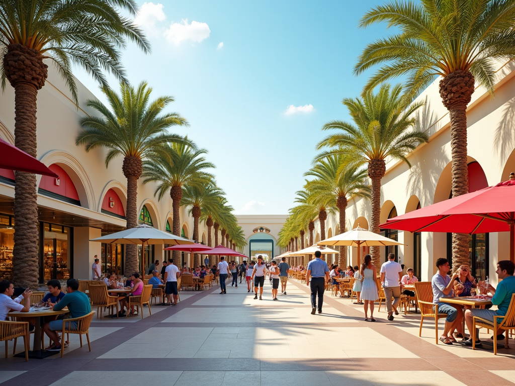 Busy outdoor shopping mall promenade with people dining under red umbrellas and rows of palm trees.