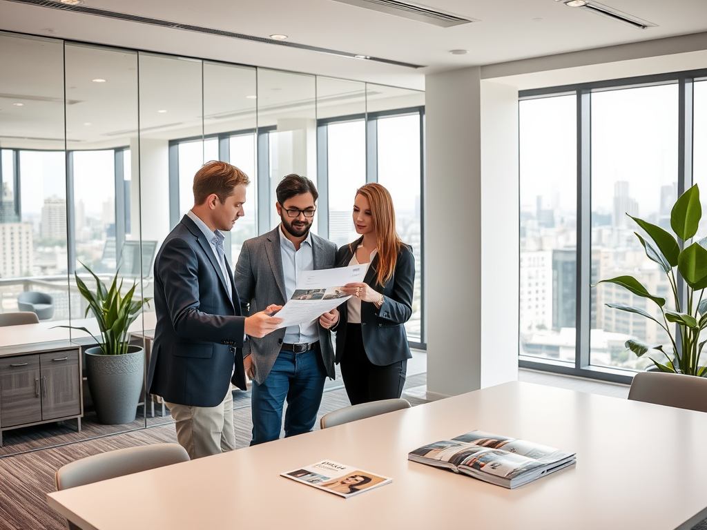 Three professionals in suits are discussing documents in a bright office with large windows and plants.