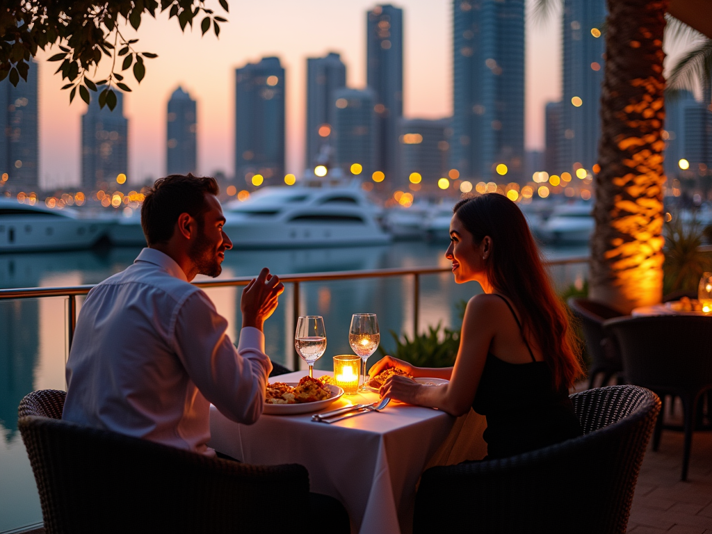 Couple dining by waterfront at sunset with city skyline in background.