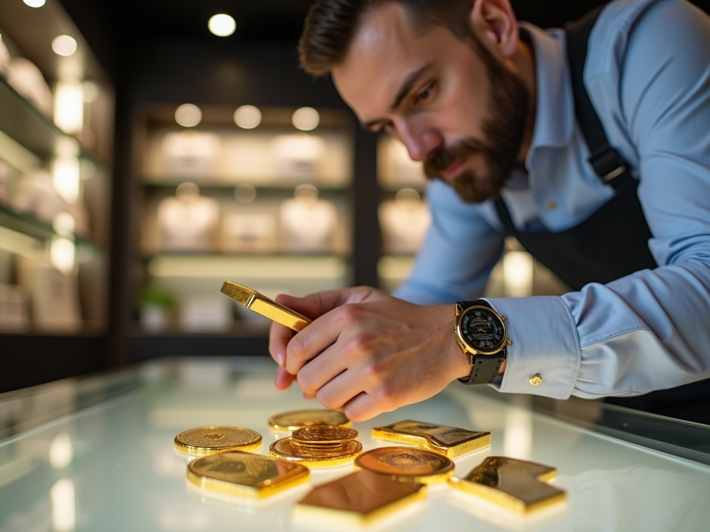 Man in a shirt and vest examines gold coins with a magnifying glass at a well-lit display table.