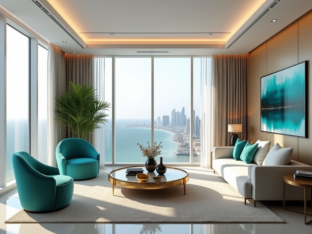 Luxurious living room with ocean view, modern furniture, and large windows.