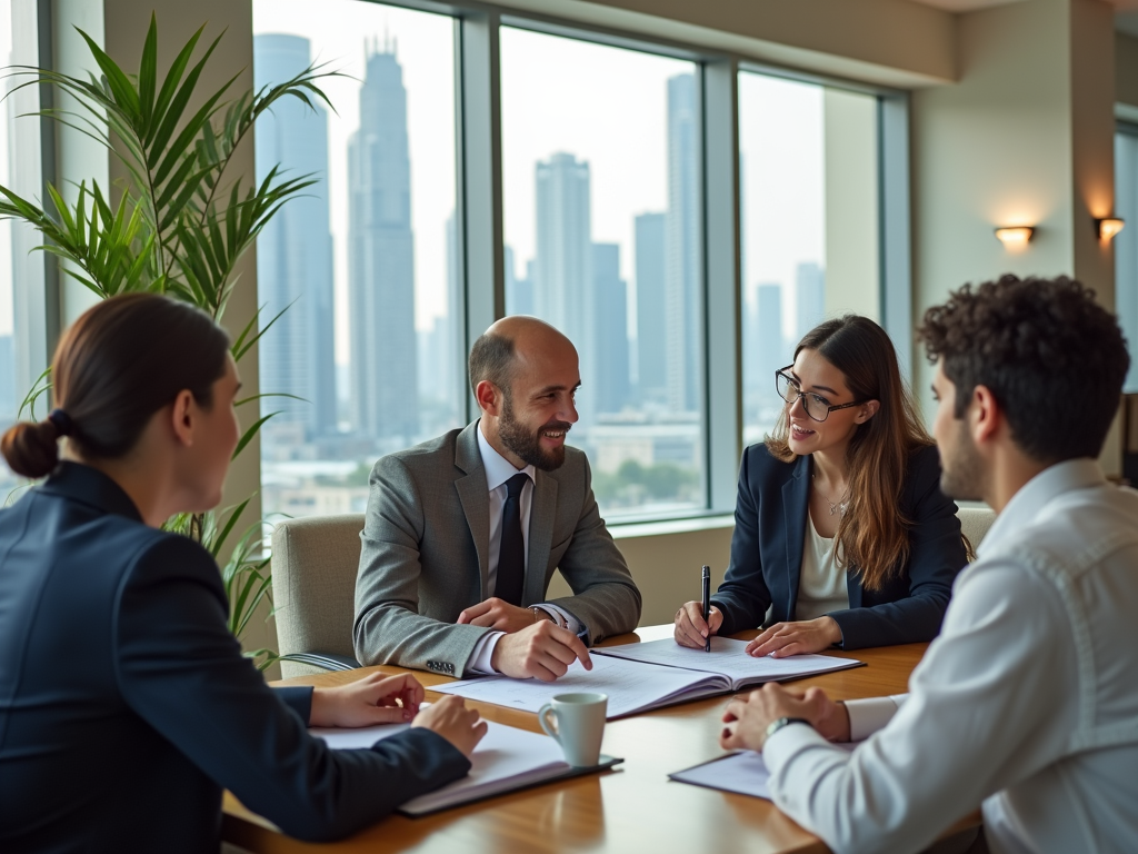 Four professionals having a meeting in an office with a cityscape view through the window.