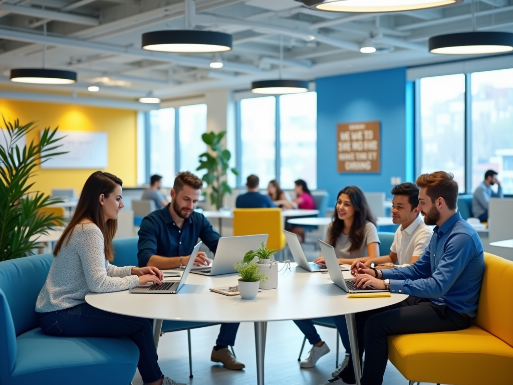 Professionals working on laptops in a vibrant, modern office space with colorful furniture.