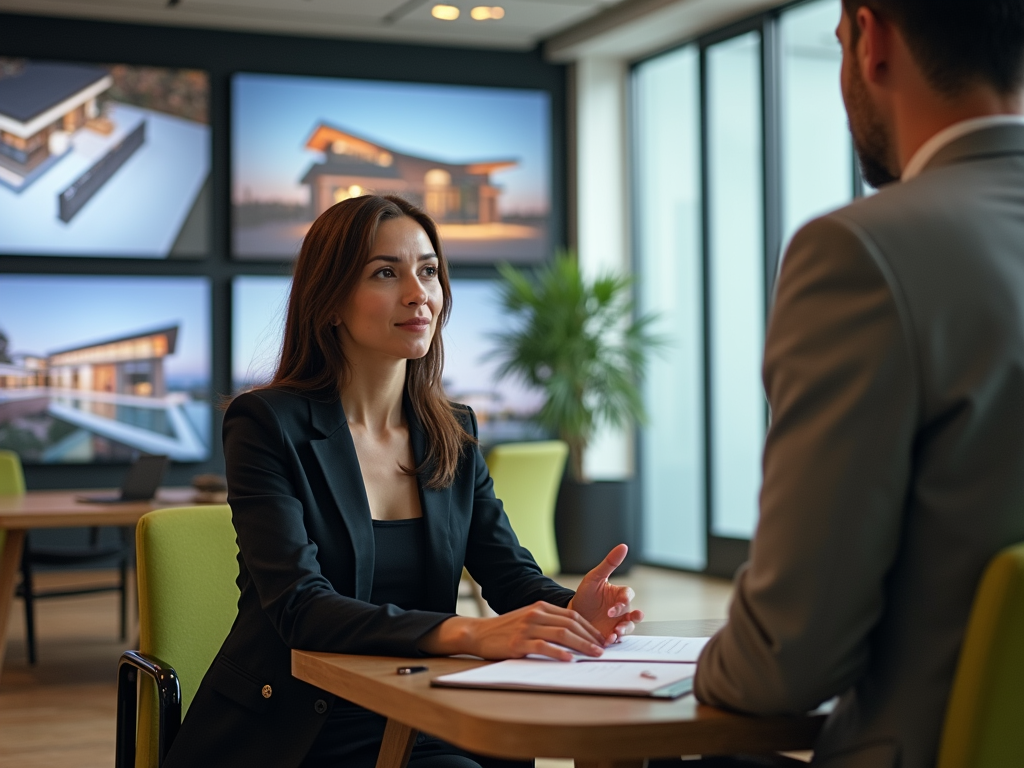 Professional woman in a business meeting with a male colleague in an office decorated with property displays.