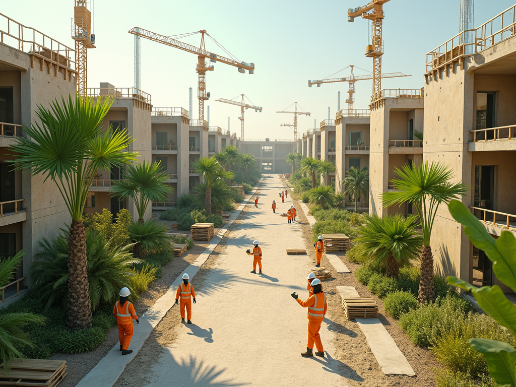 Workers in orange safety gear at a sunny construction site with multiple cranes and palm trees.