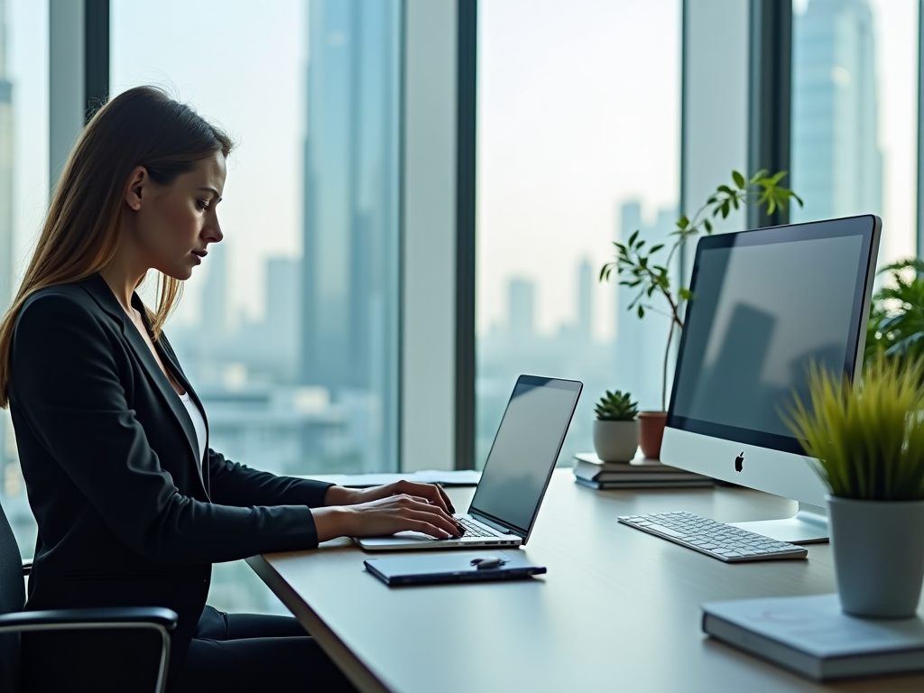 Woman working on laptop in modern office with cityscape view.