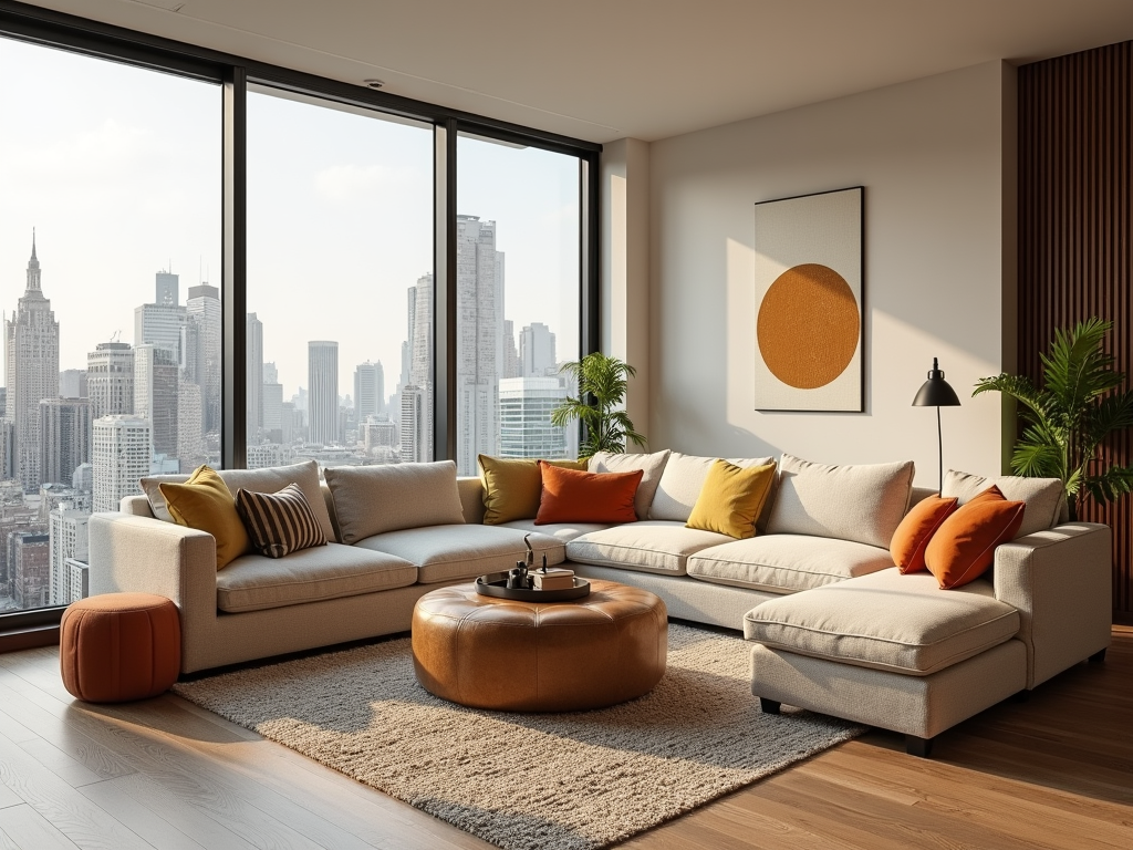 A stylish living room with a sectional couch, colorful pillows, a round coffee table, and city skyline views.