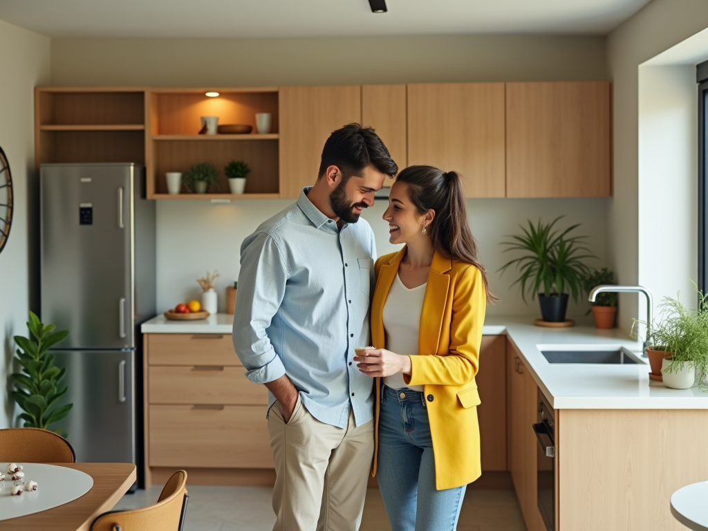 Couple smiling and chatting in a modern kitchen.