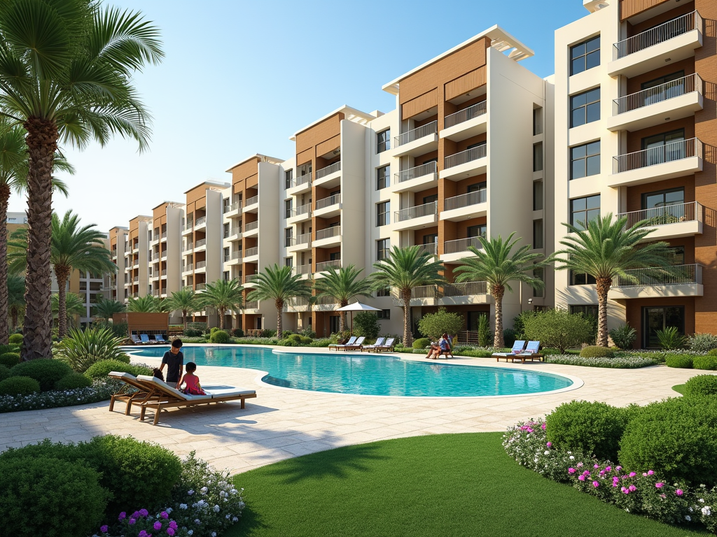 A modern residential complex by a pool, surrounded by palm trees and lush gardens, with people enjoying the sun.